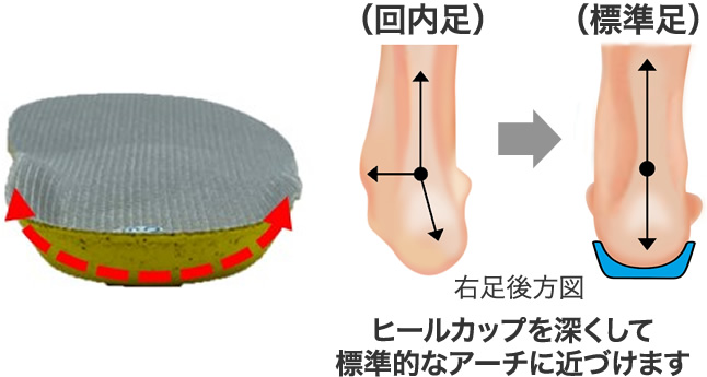 ヒールカップを深くして標準的なアーチに近づけます